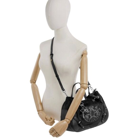 Juicy Couture Black Velour Faux Leather Nuova Twig Dog Double Handle X-Body Bag - Picture 10 of 10